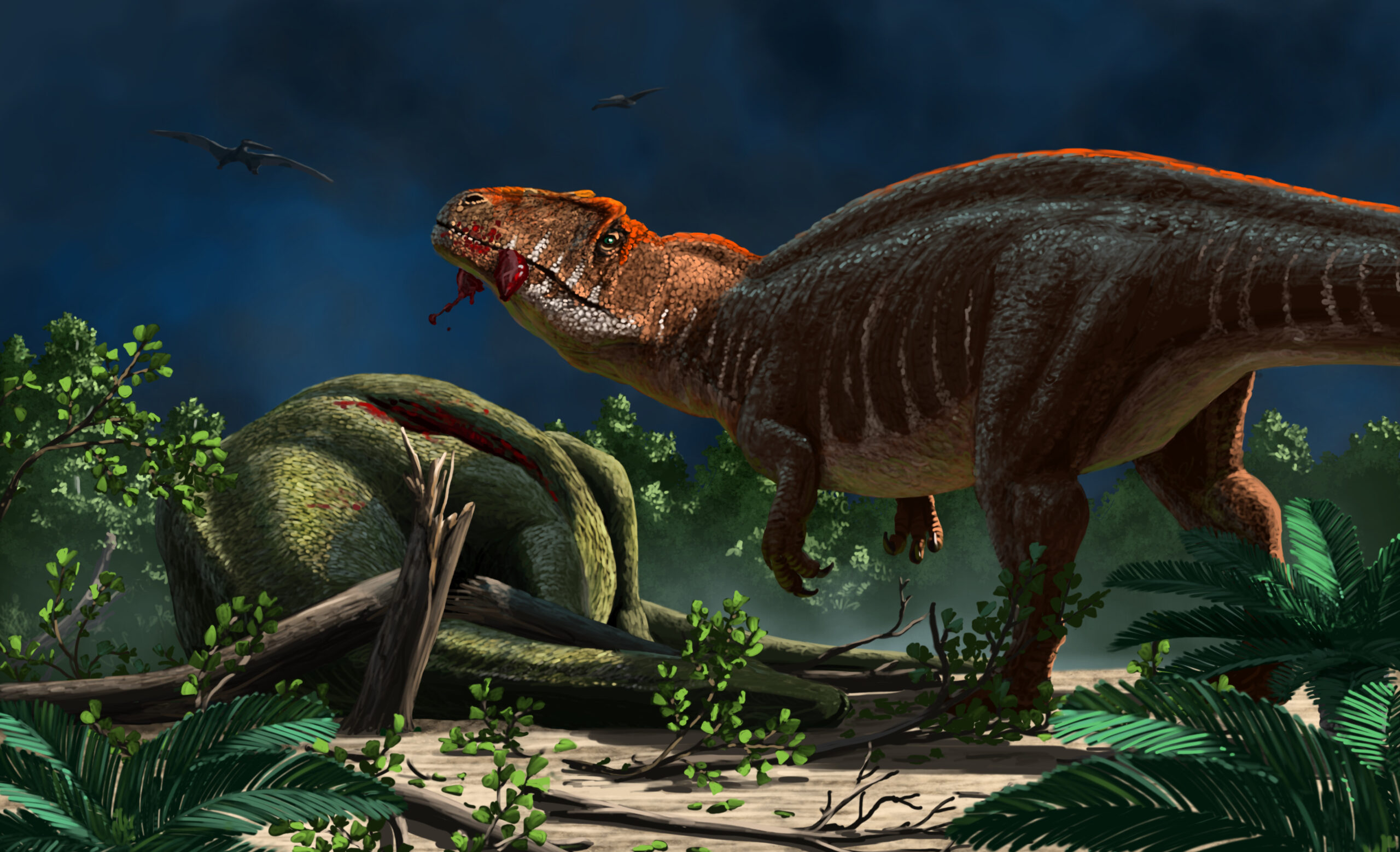 An Acrocanthosaurus feasts on the carcass of a recently killed juvenile Astrodon. Paleoart by Peter Nickolaus.