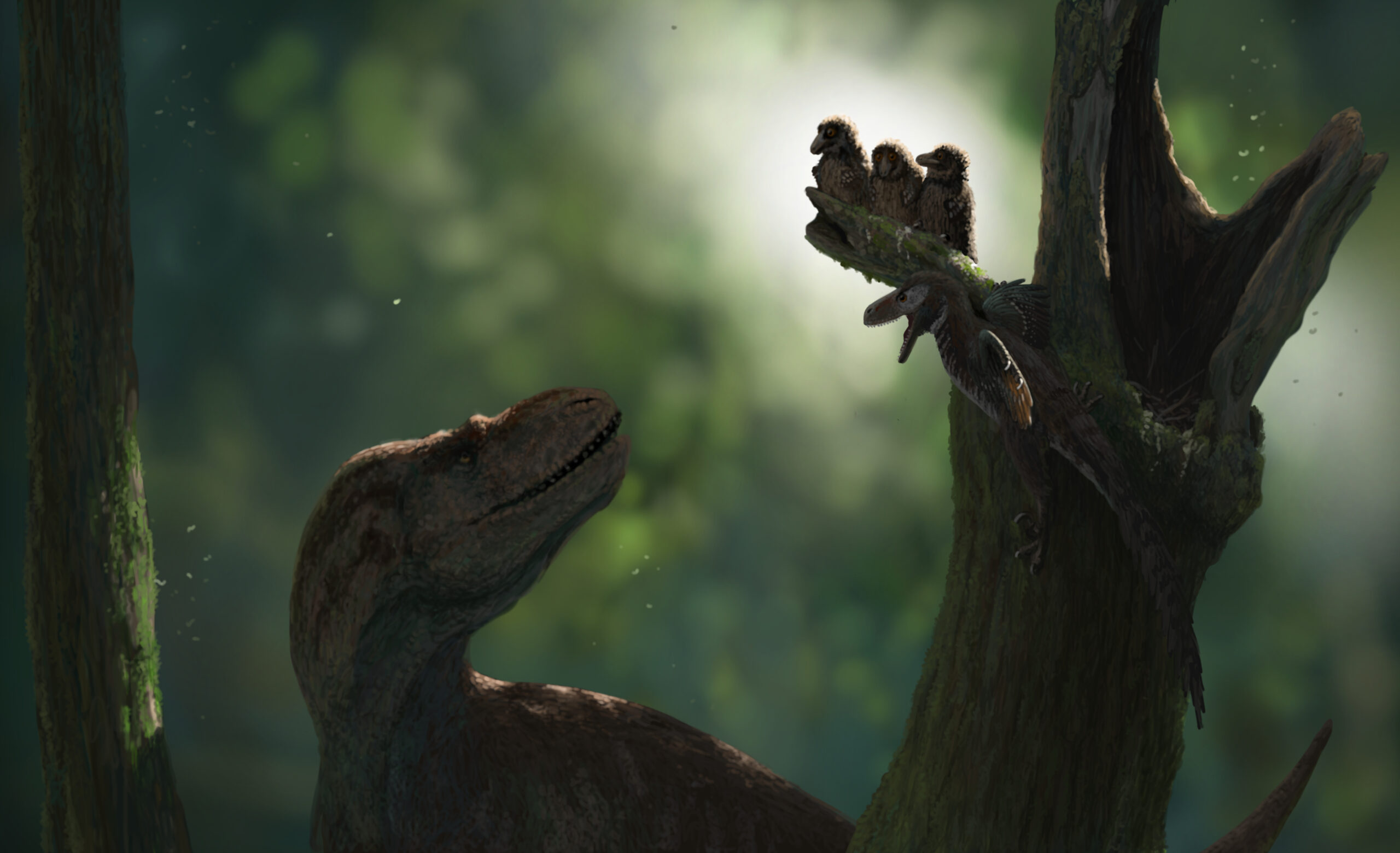 A protective mother of three Atrociraptor chicks tries to ward off an interested Albertosaurus. Paleoart by Peter Nickolaus.