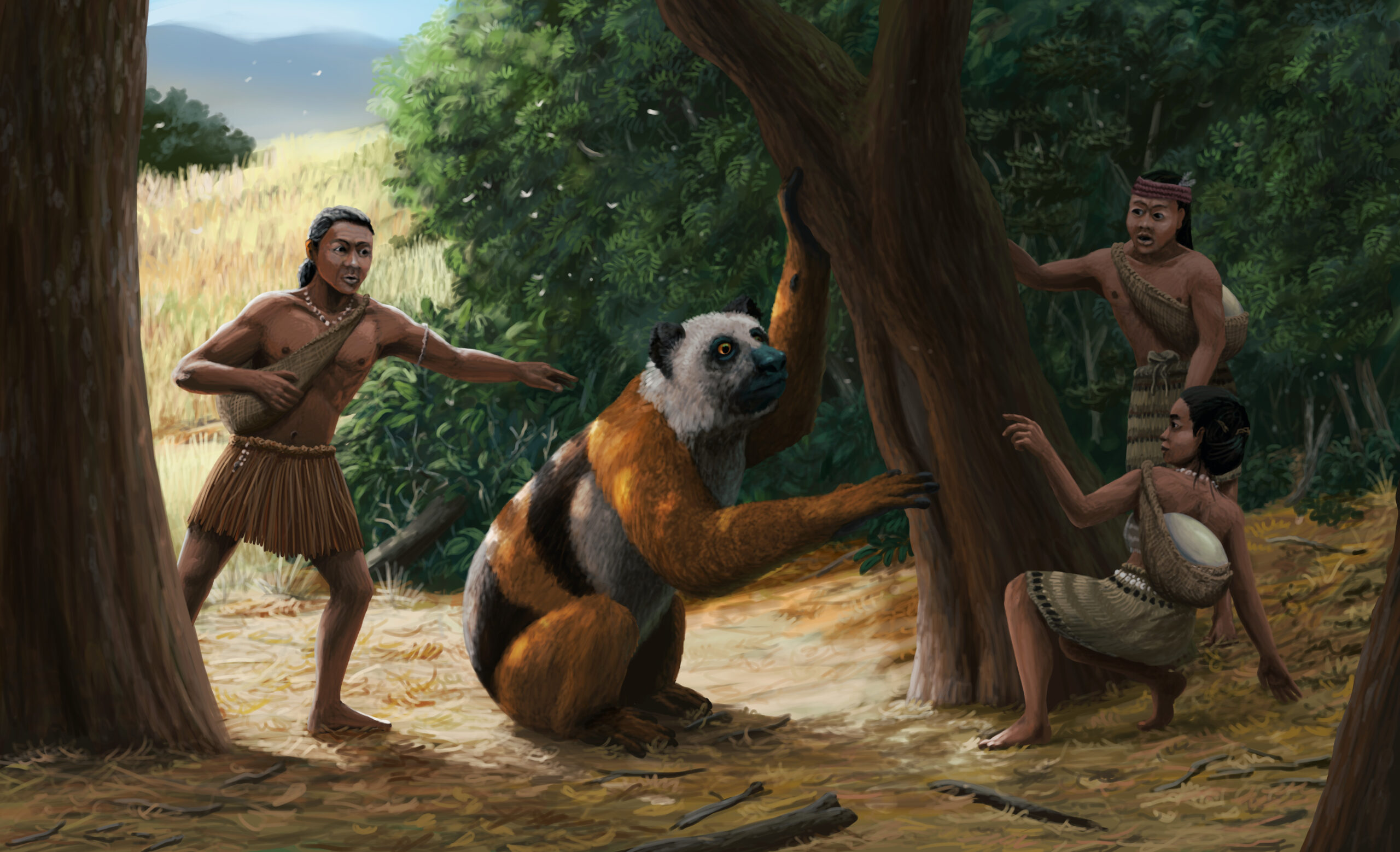 A group of early Malagasy encounter a rare Archaeoindris for the first time ever and curiously approach it, testing if it is peaceful. Paleoart by Peter Nickolaus.