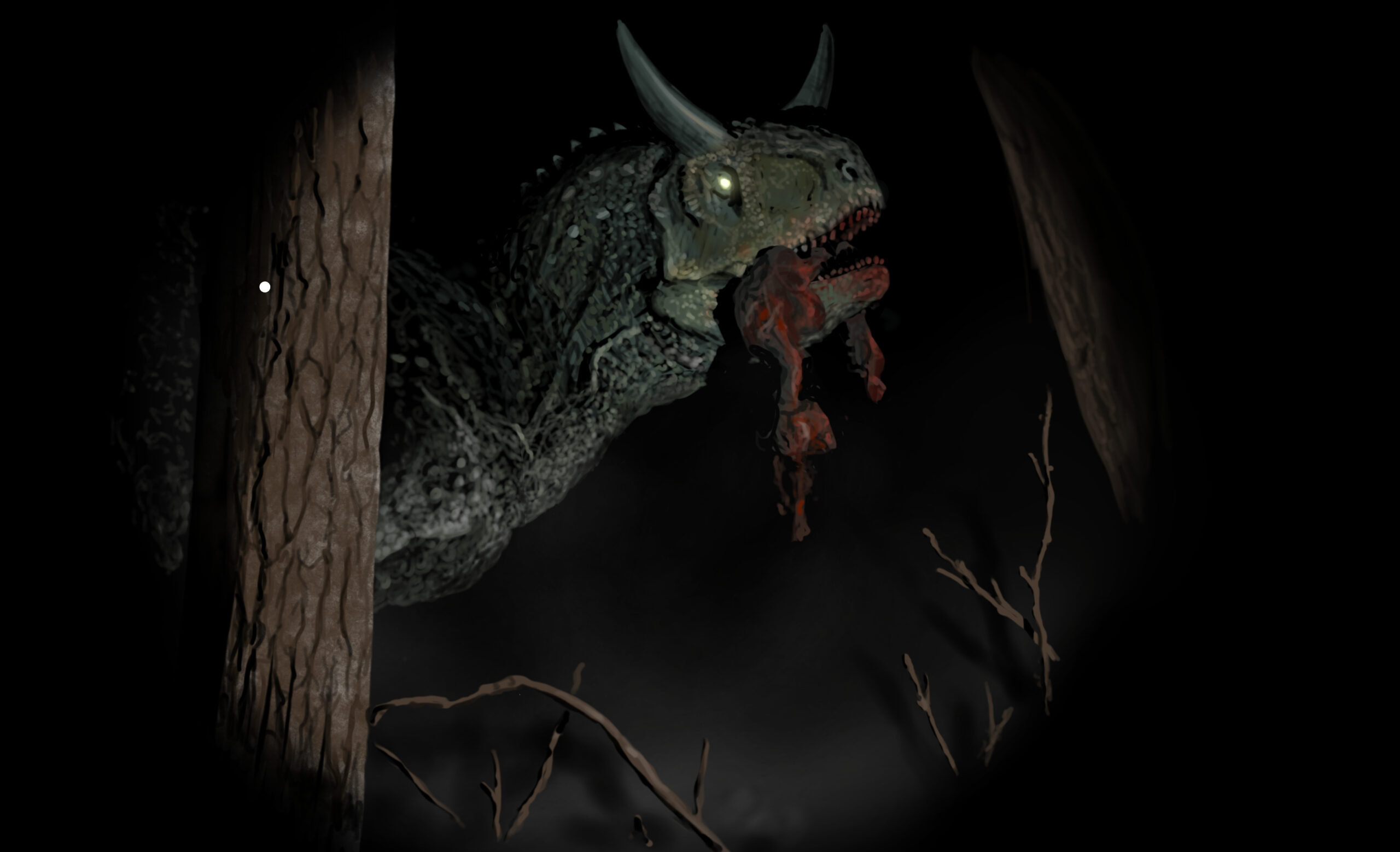 In the depth of night, a full-grown Carnotaurus devours its unfortunate prey. Paleoart by Peter Nickolaus.