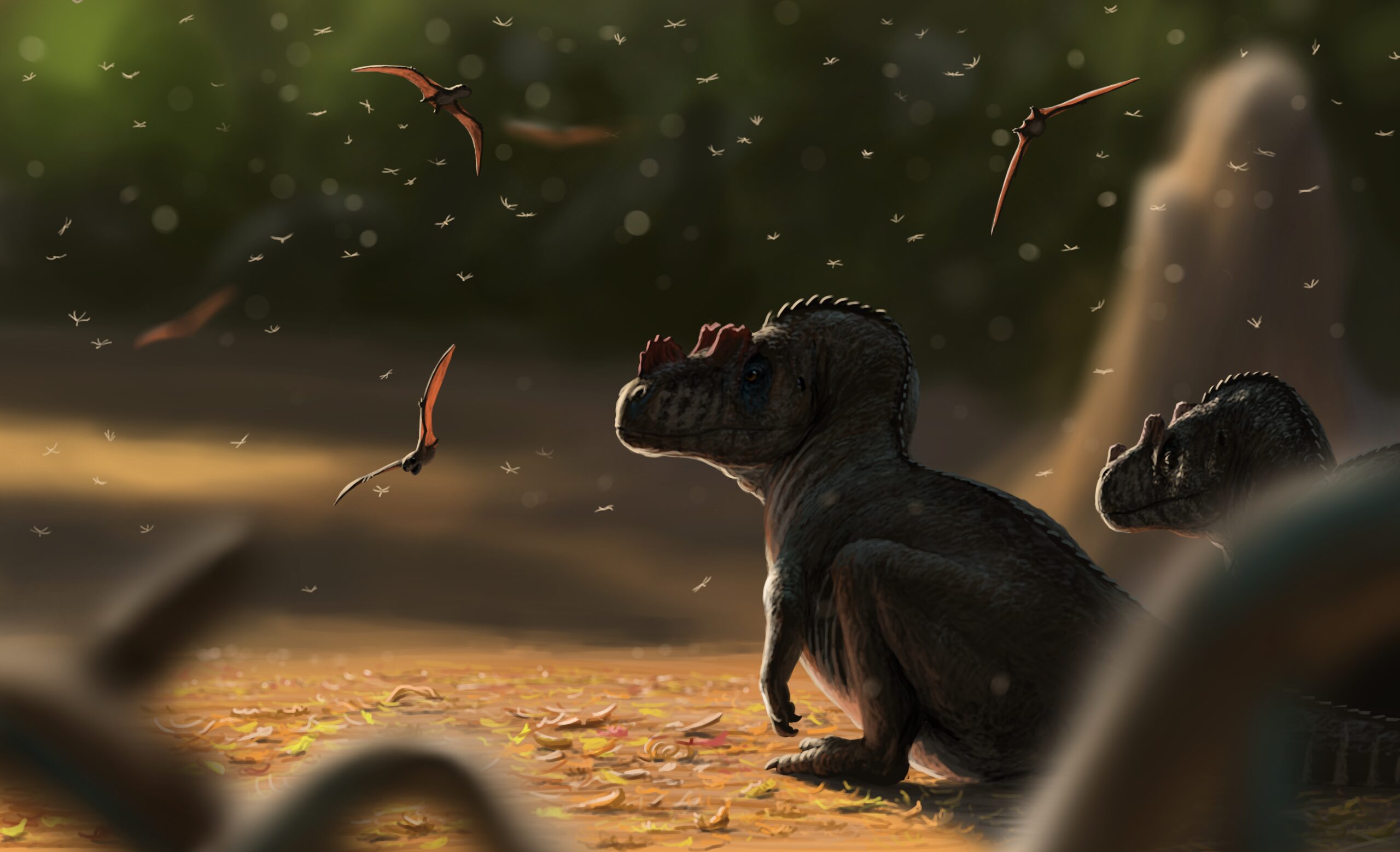 A pair of Ceratosaurus watch several Mesadactylus dart around and catch termite swarmers. Paleoart by Peter Nickolaus.