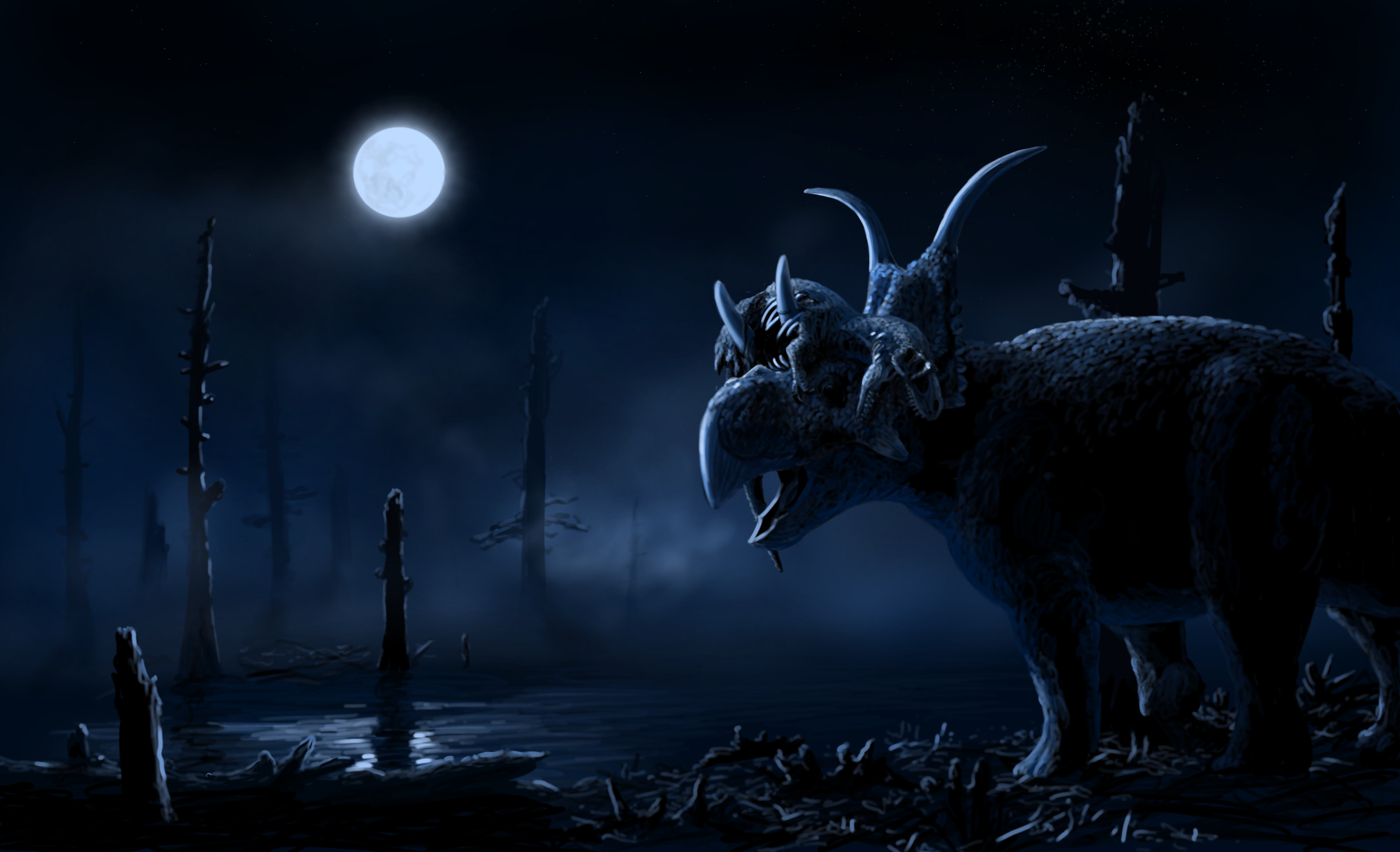A lone Diabloceratops strolls through the night with a half-rotten juvenile Lythronax stuck on its horns. Paleoart by Peter Nickolaus.