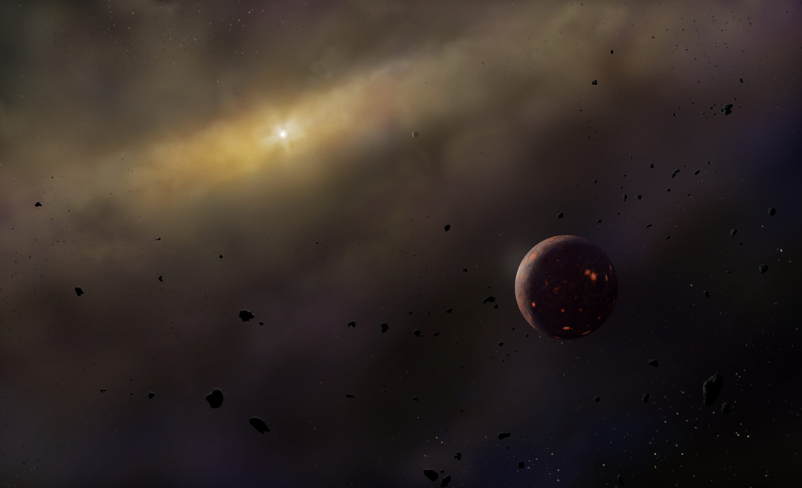 Early Earth is floating in the early solar nebula consisting of a cloud of gas and dust. Paleoart by Peter Nickolaus.