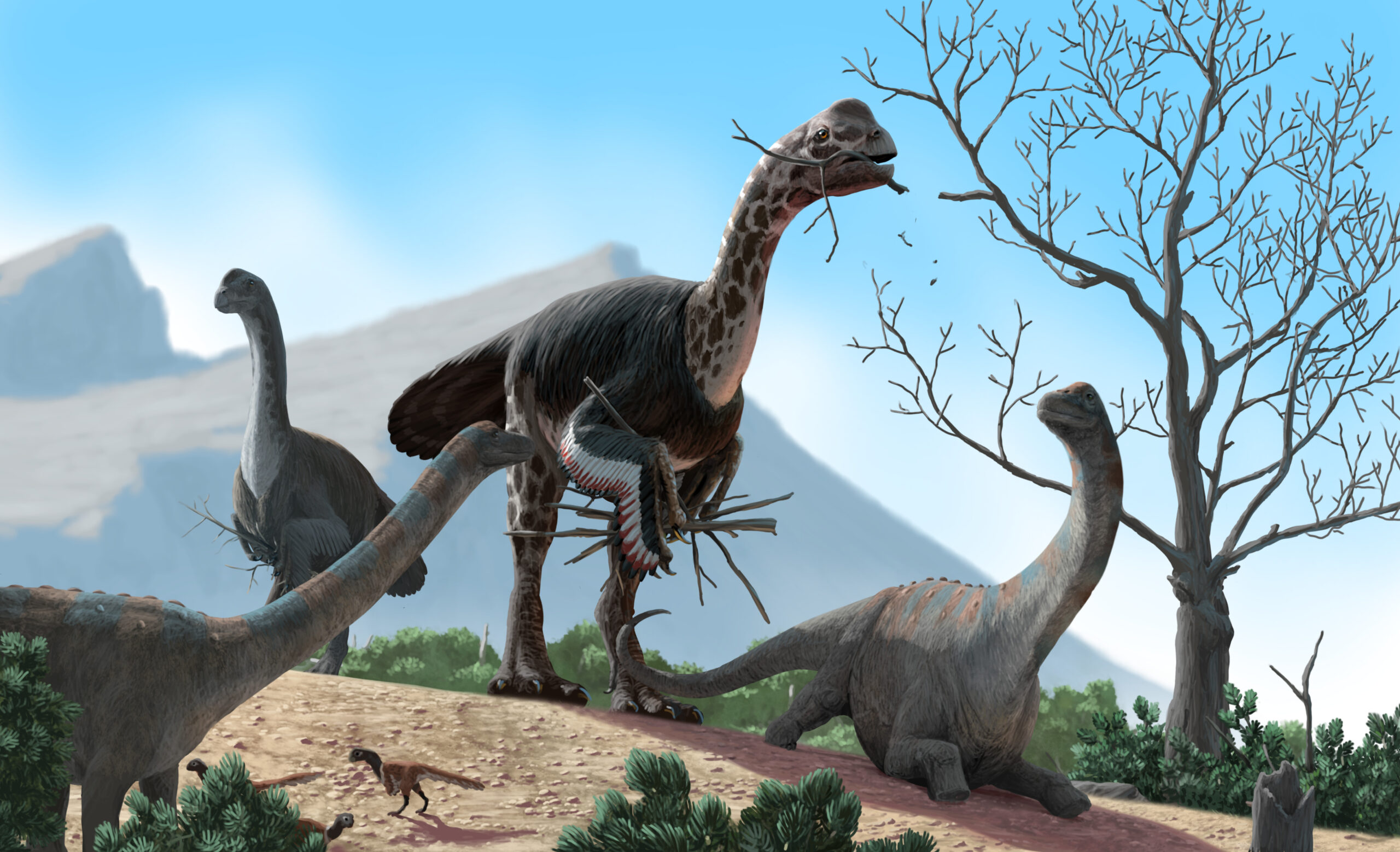 On a search to find suitable nesting material, a Gigantoraptor bends over a resting Sonidosaurus. Paleoart by Peter Nickolaus.