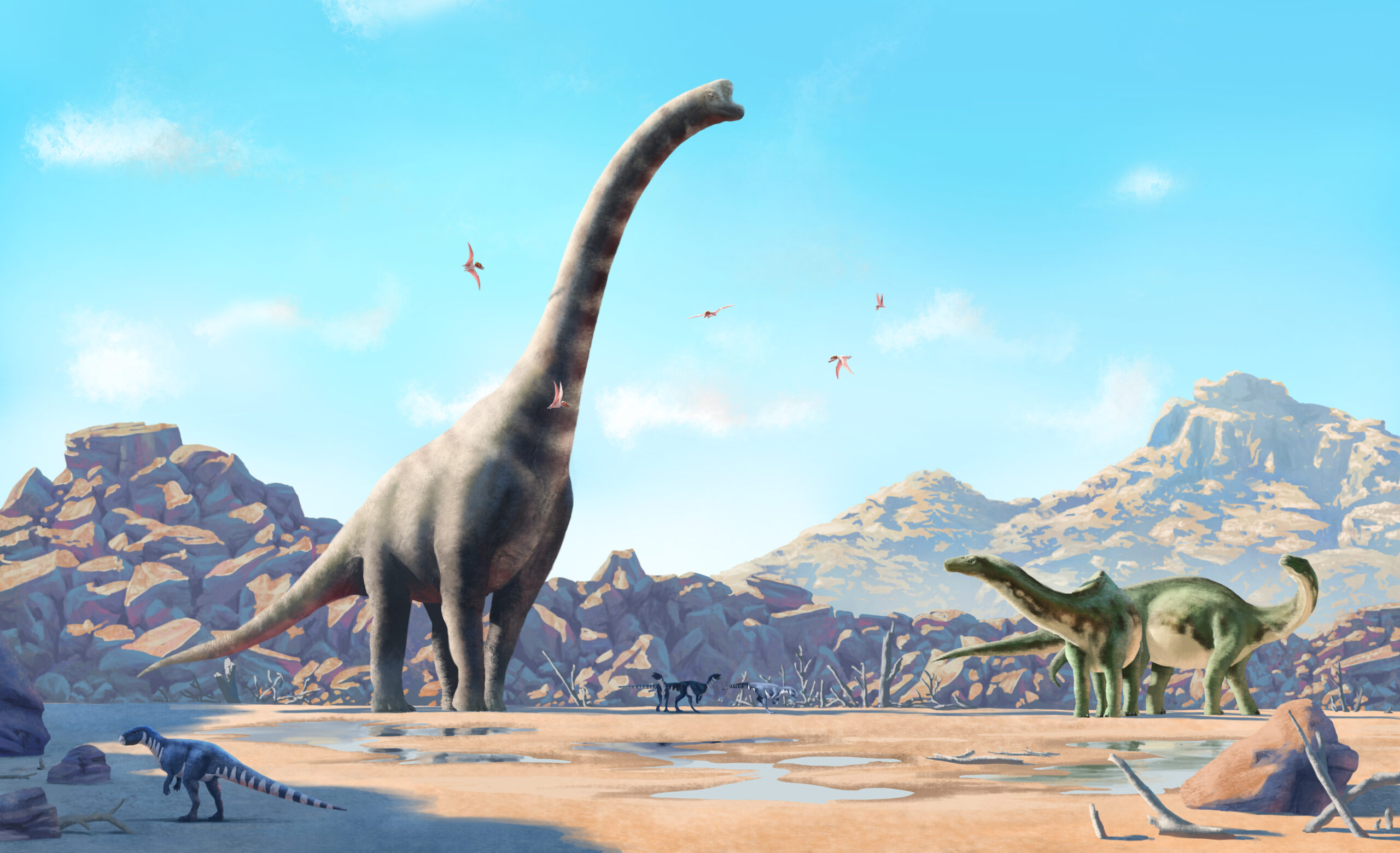 Some Dysalotosaurus and two Dicraeosaurus are disturbed by an enormous new-comer: The giant sauropod Giraffatitan. Paleoart by Peter Nickolaus.
