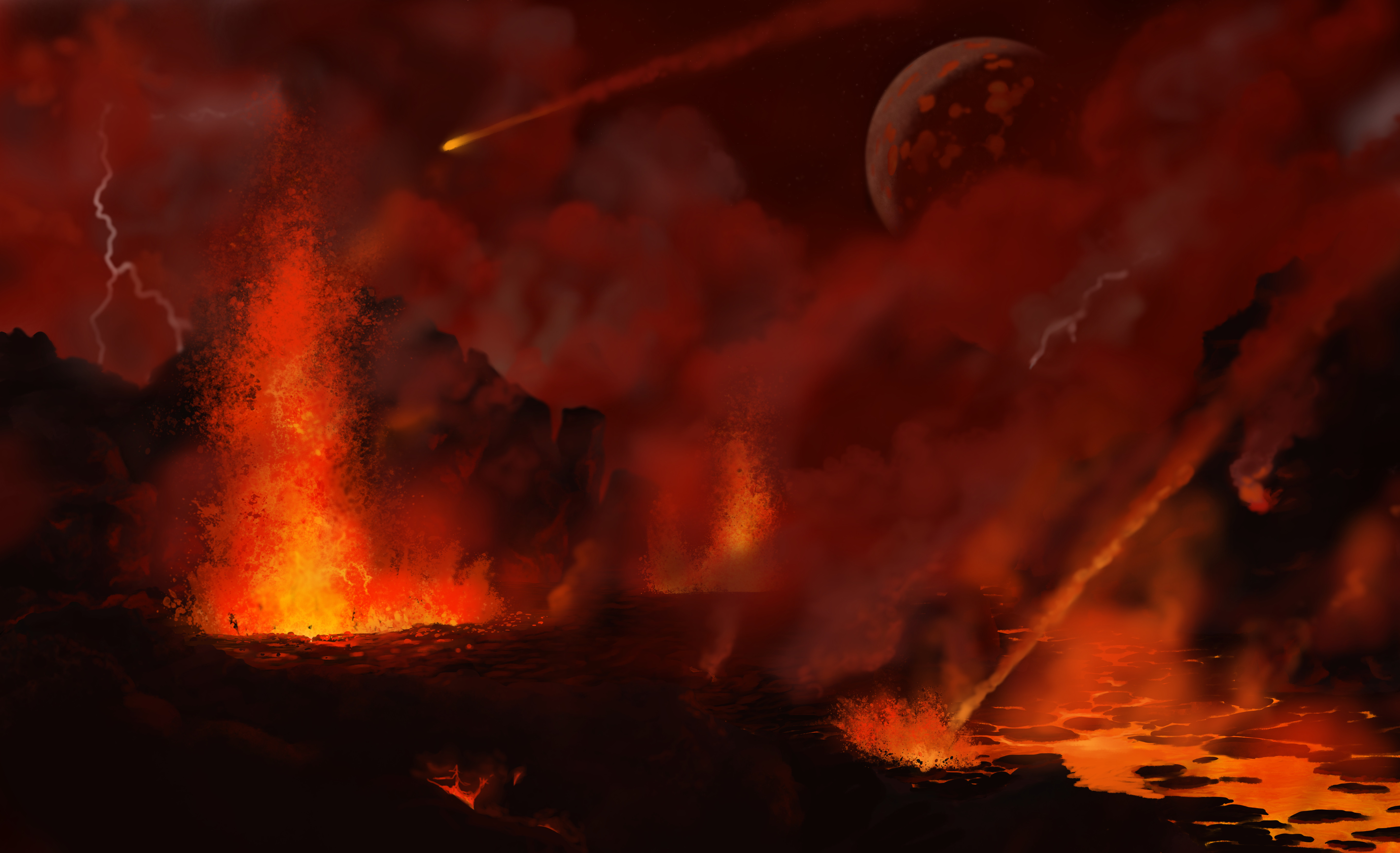 After the Theia collision in the Hadean, Earth was a lavaworld before its crust began to cool again. Paleoart by Peter Nickolaus.