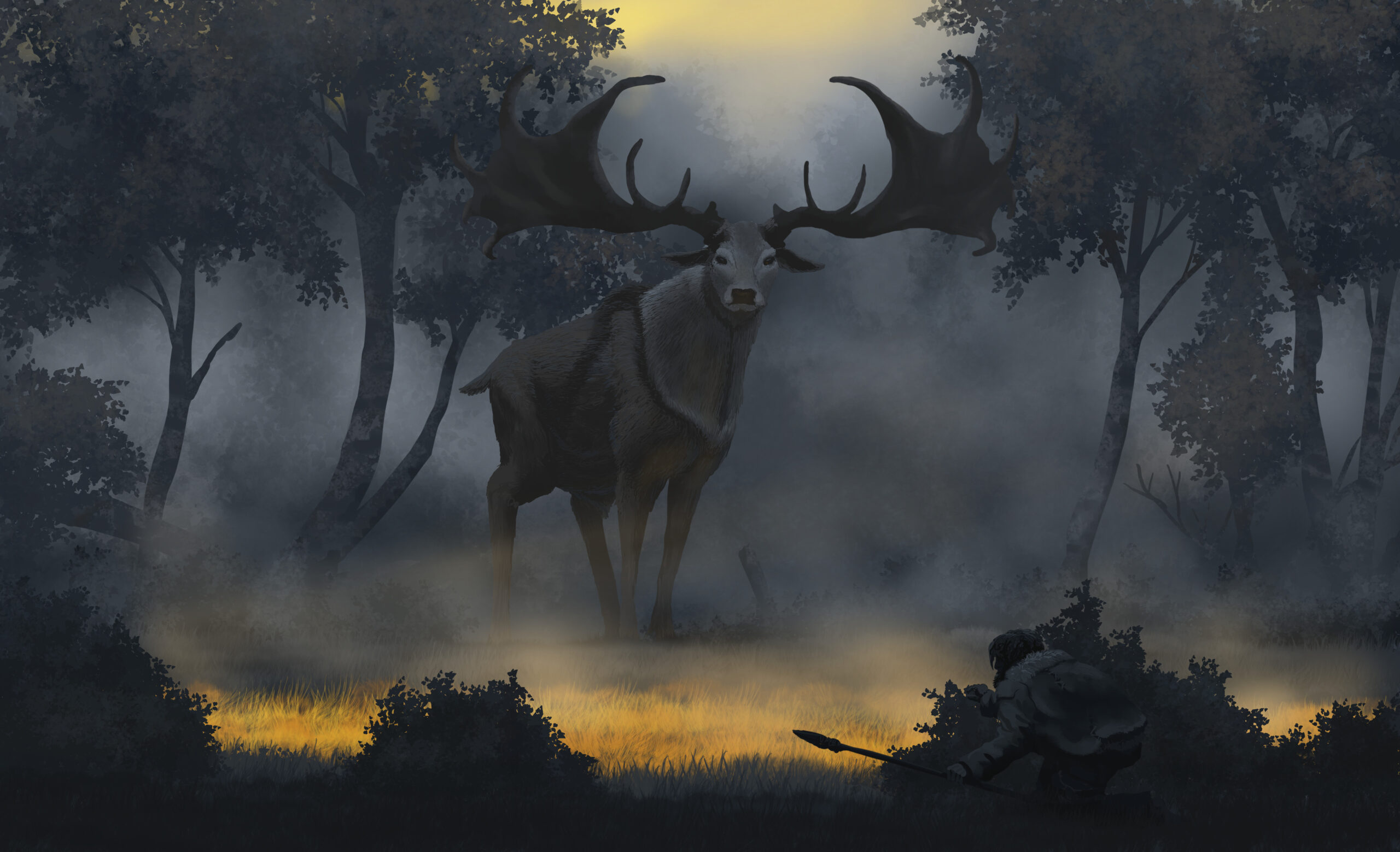 A Megaloceros or Irish Elk stands at a clearing in a small birch forest. Paleoart by Peter Nickolaus.