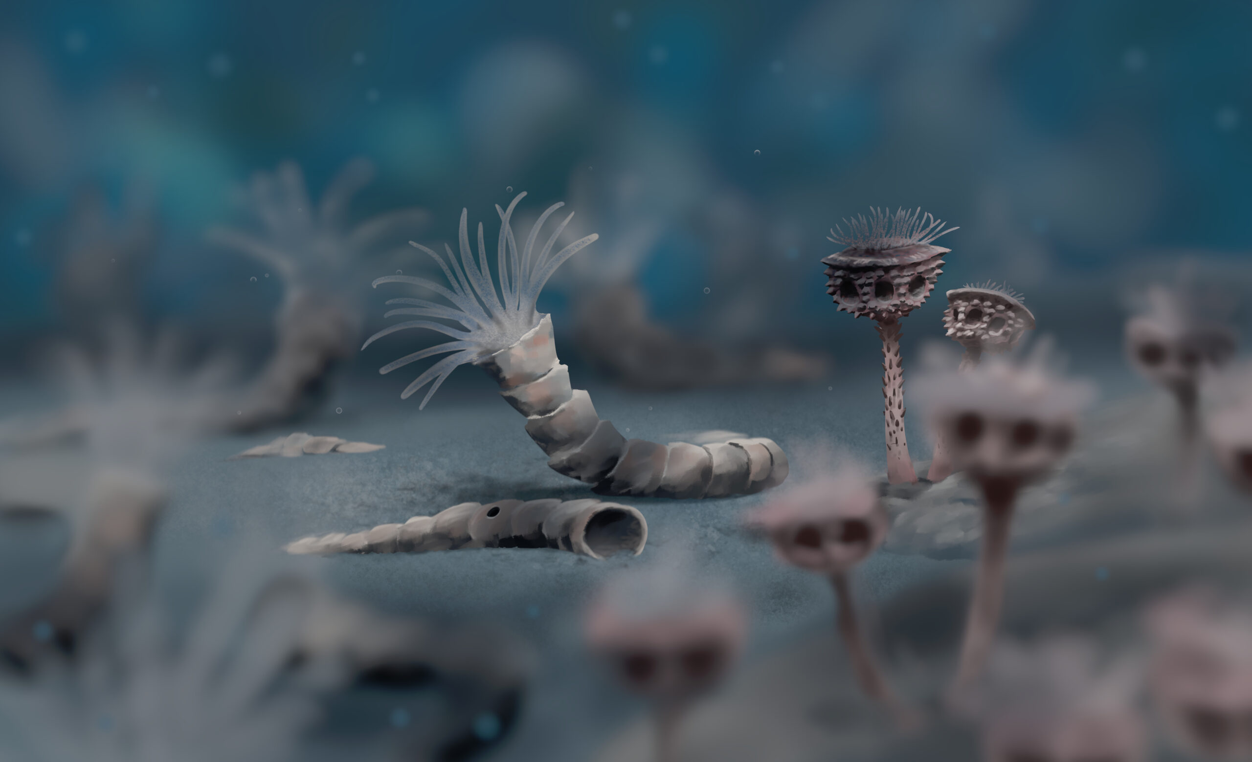 Two of the first animals with hard body parts were the mysterious Cloudina and Namacalathus. Paleoart by Peter Nickolaus.