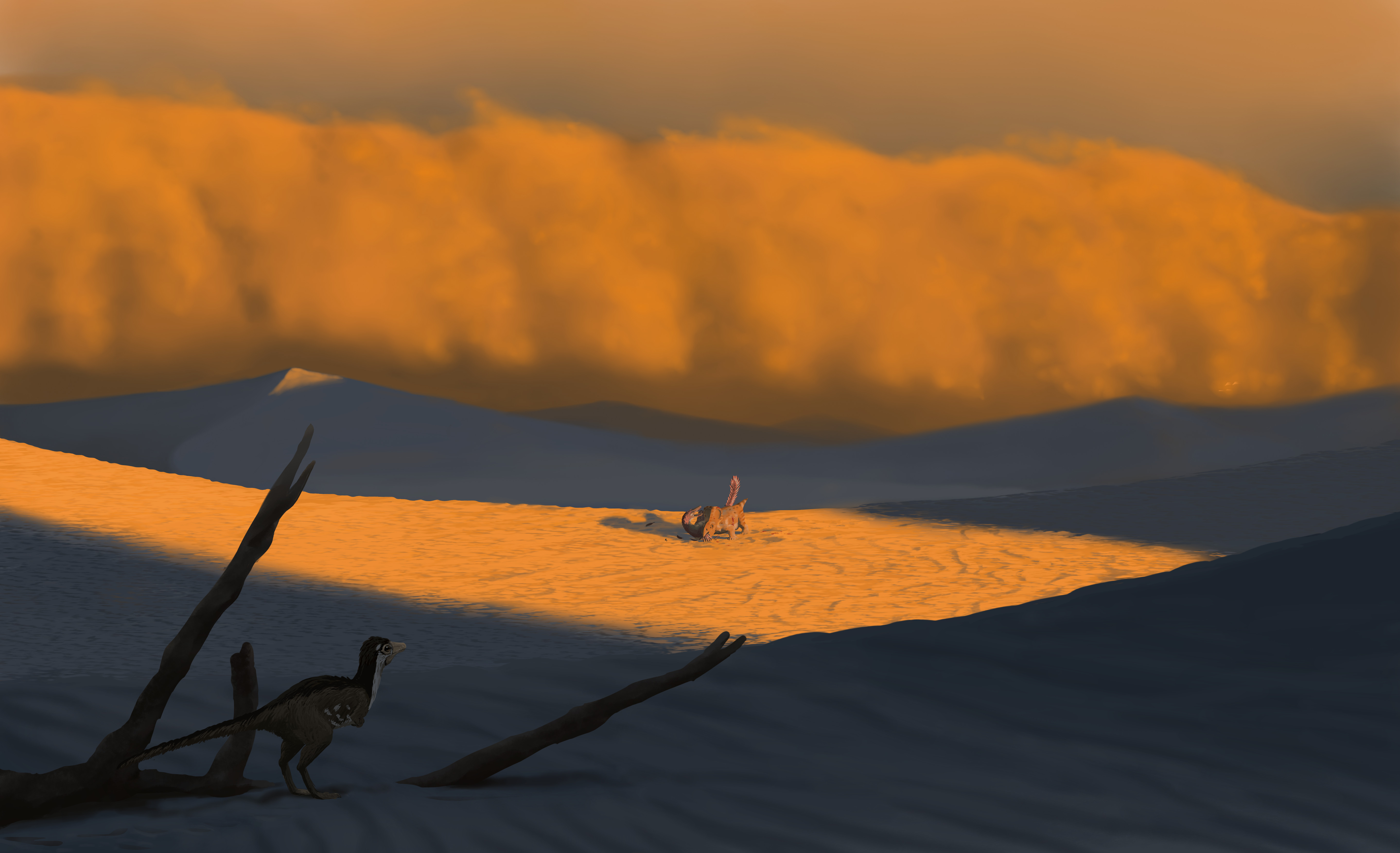 A Shuvuuia watches the famous battle between Velociraptor and Protoceratops, with a sandstorm approaching. Paleoart by Peter Nickolaus.