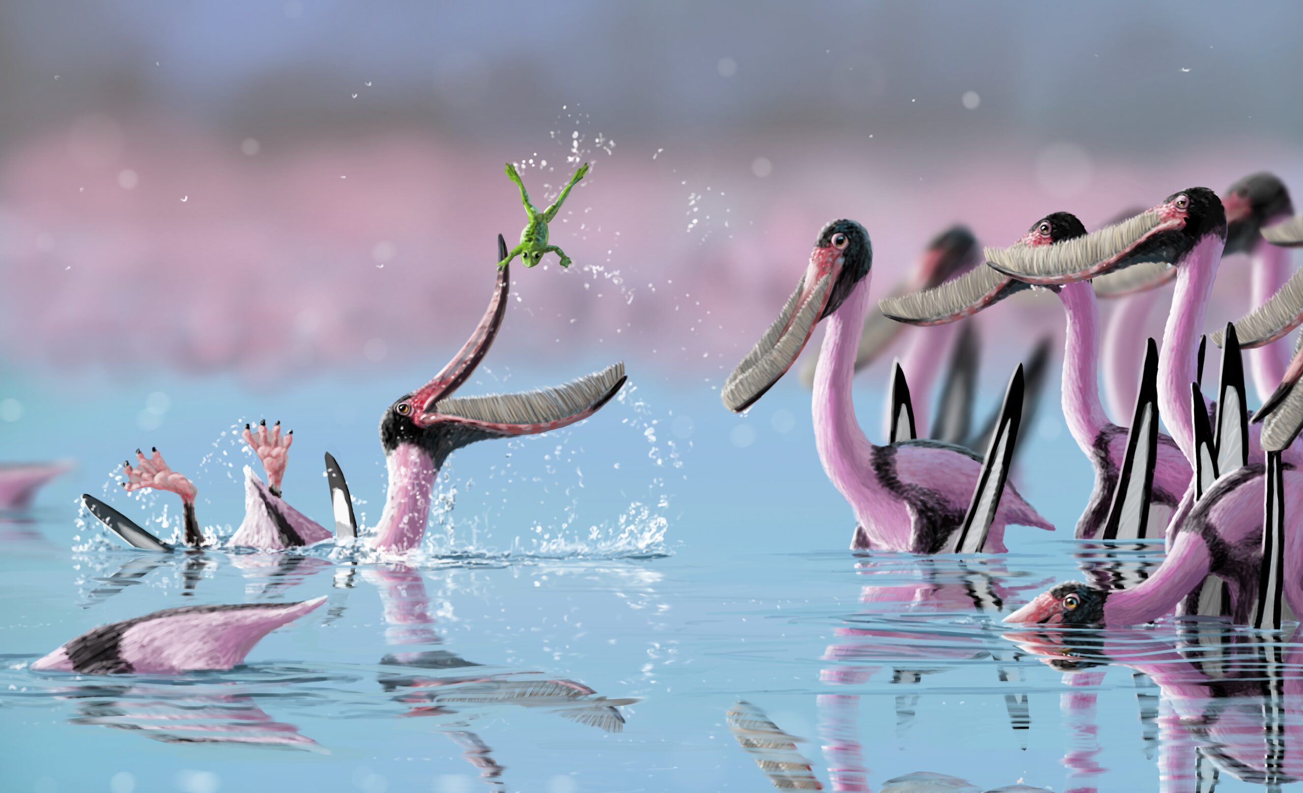 A swimming Pterodaustro is spooked by a frog that latched onto its snout underwater. Paleoart by Peter Nickolaus.