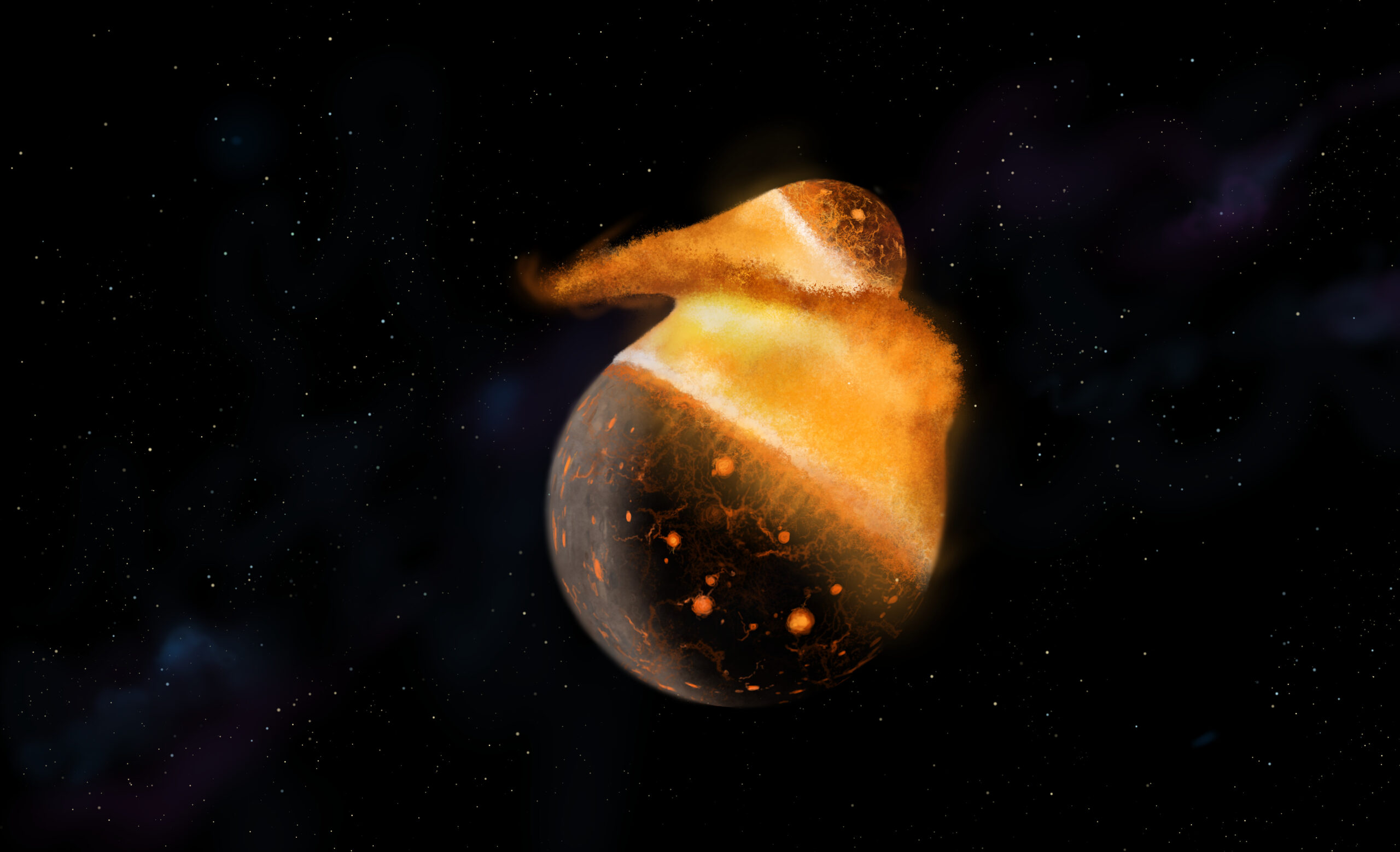 Theia collides with proto-Earth, causing the formation of the moon. Paleoart by Peter Nickolaus