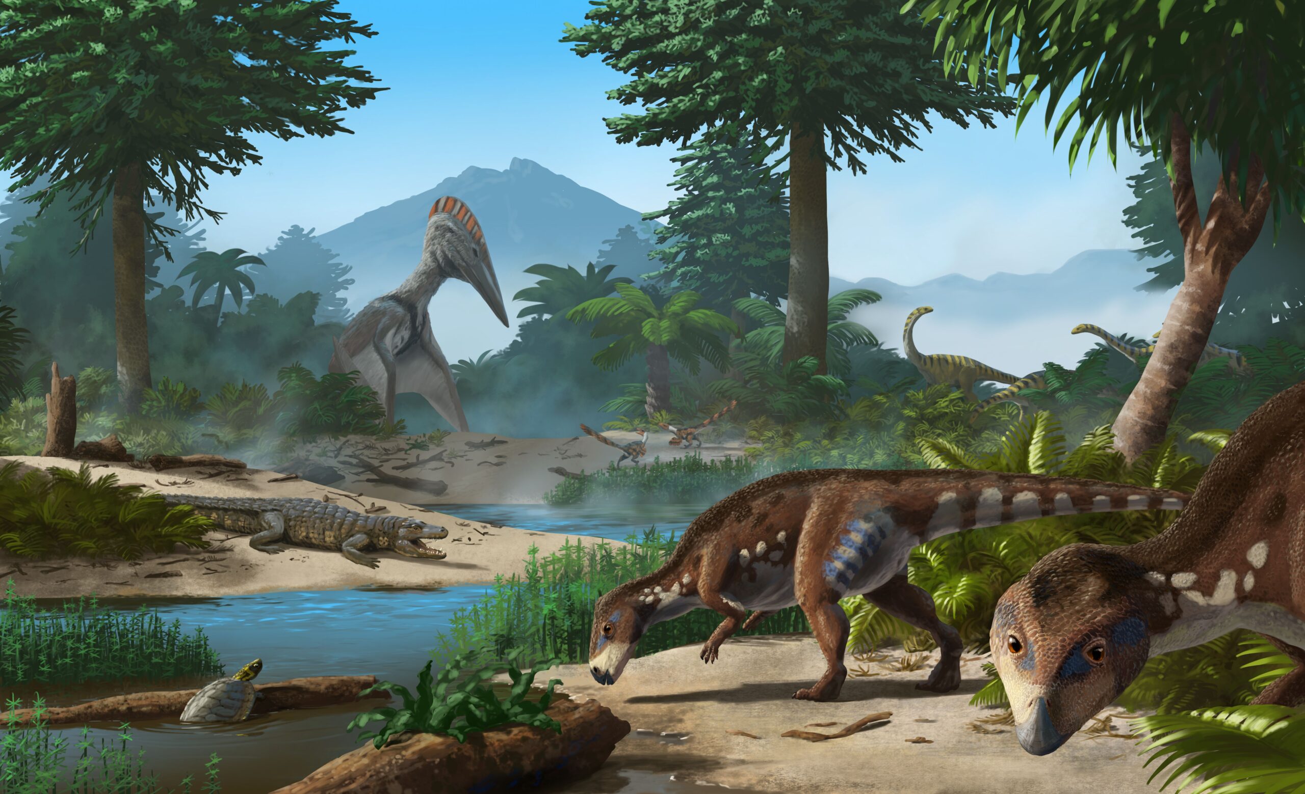 A reconstruction of the paleoenvironment of Transylvanosaurus on Hateg Island. Paleoart by Peter Nickolaus.