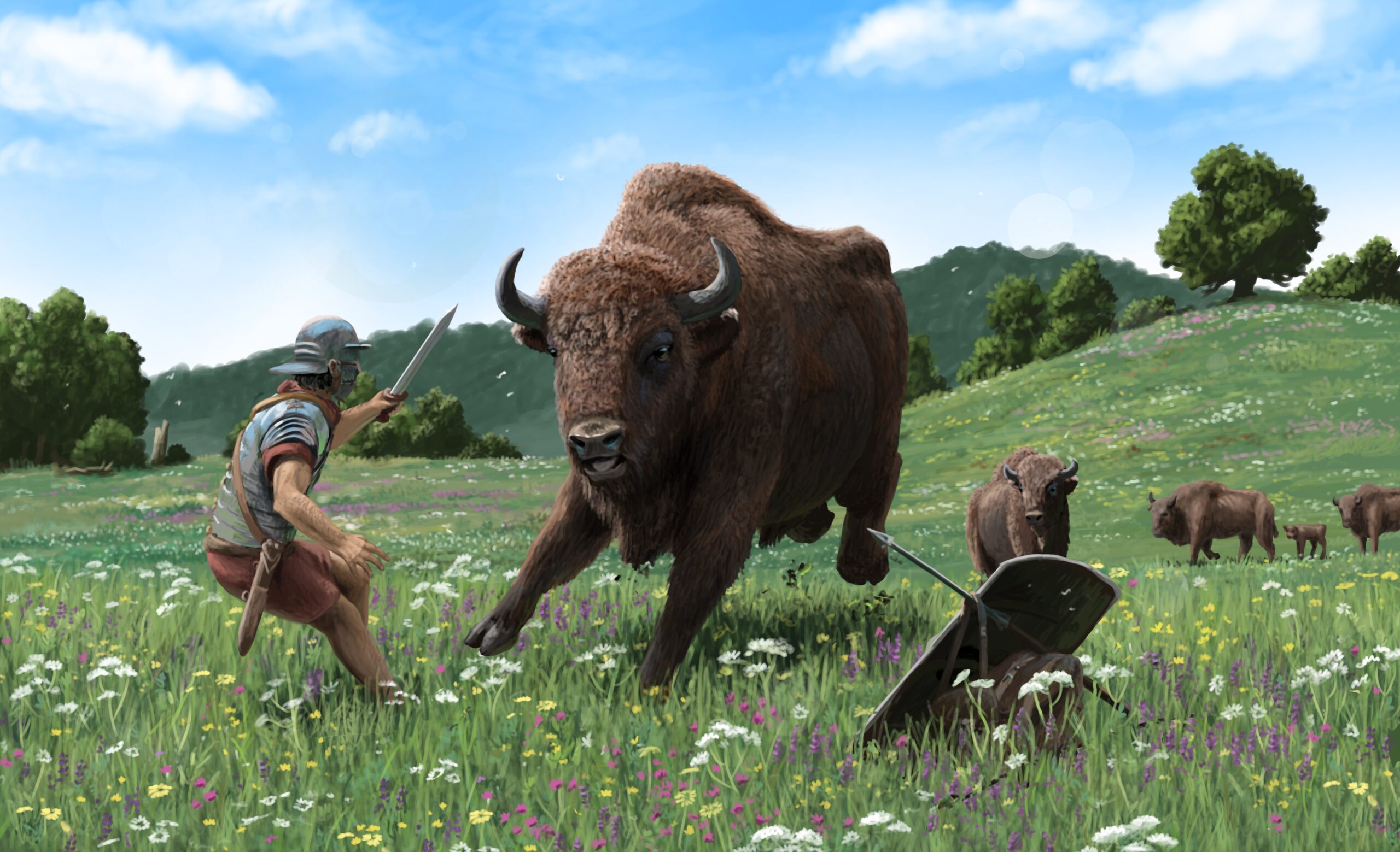 A European Bison or Wisent charges at a Roman legionary. Paleoart by Peter Nickolaus