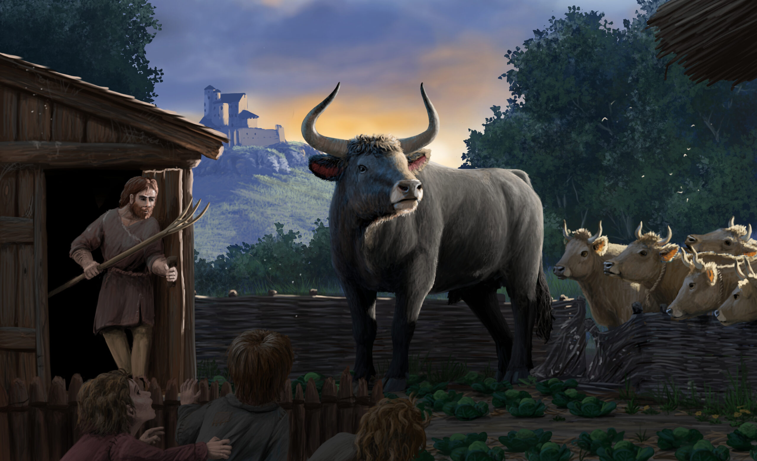 An aurochs has broken into a medieval vegetable garden. Paleoart by Peter Nickolaus