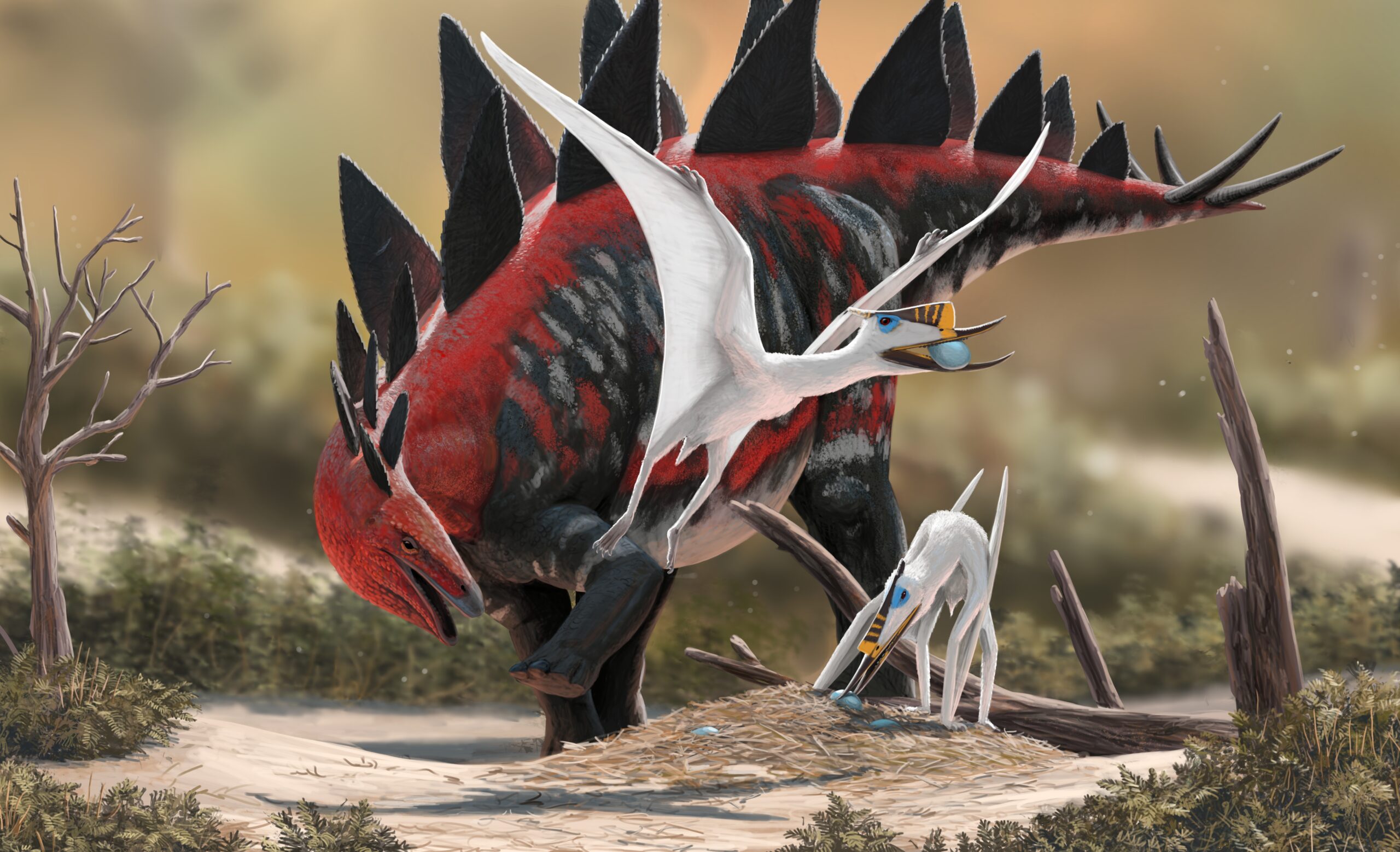 A Wuerhosaurus rushes to save its nest from plundering Dsungaripterus. Paleoart by Peter Nickolaus
